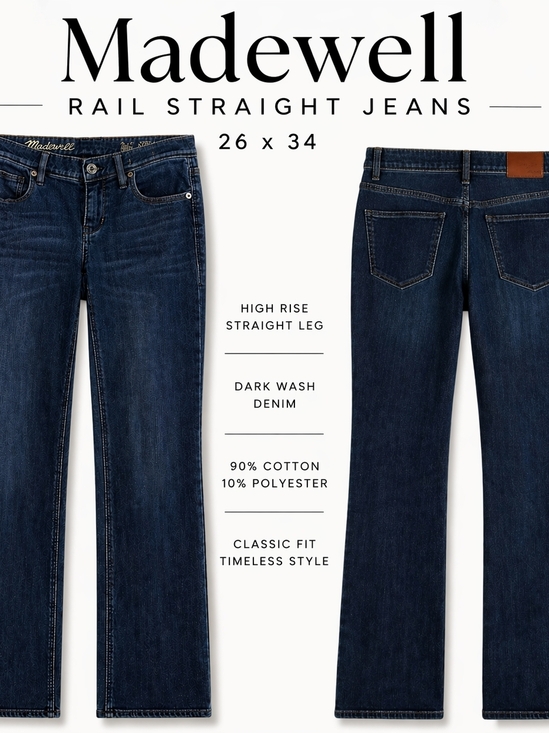 Madewell Denim - Madewell Rail Straight Jeans 26x34 Dark Wash High Rise Straight Leg Denim